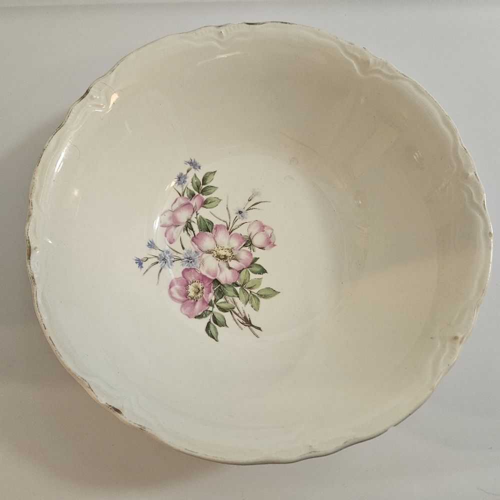 Vintage Antique Floral Cream Serving Bowl 9x4" Scalloped Gold Trim